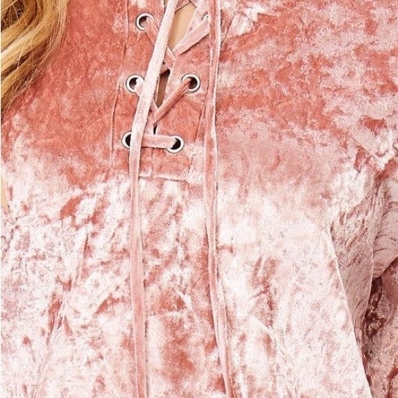 Blush Rose Pink 90s Y2K Crushed Velvet Lace Up Oversized Top - Picture 4 of 10